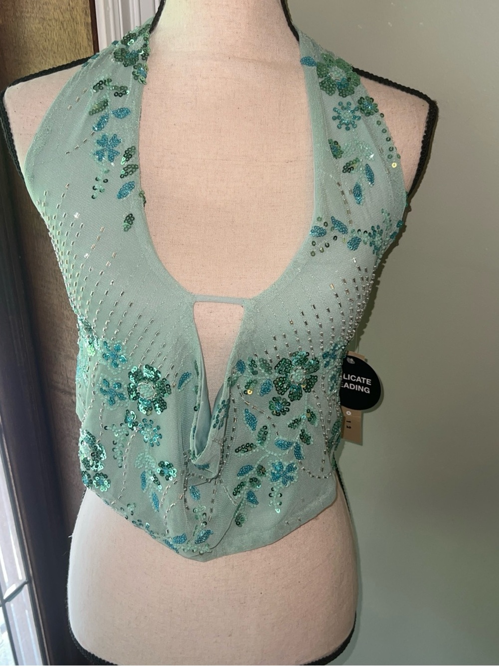 Sequin Embellished Aqua Halter Crop Top
